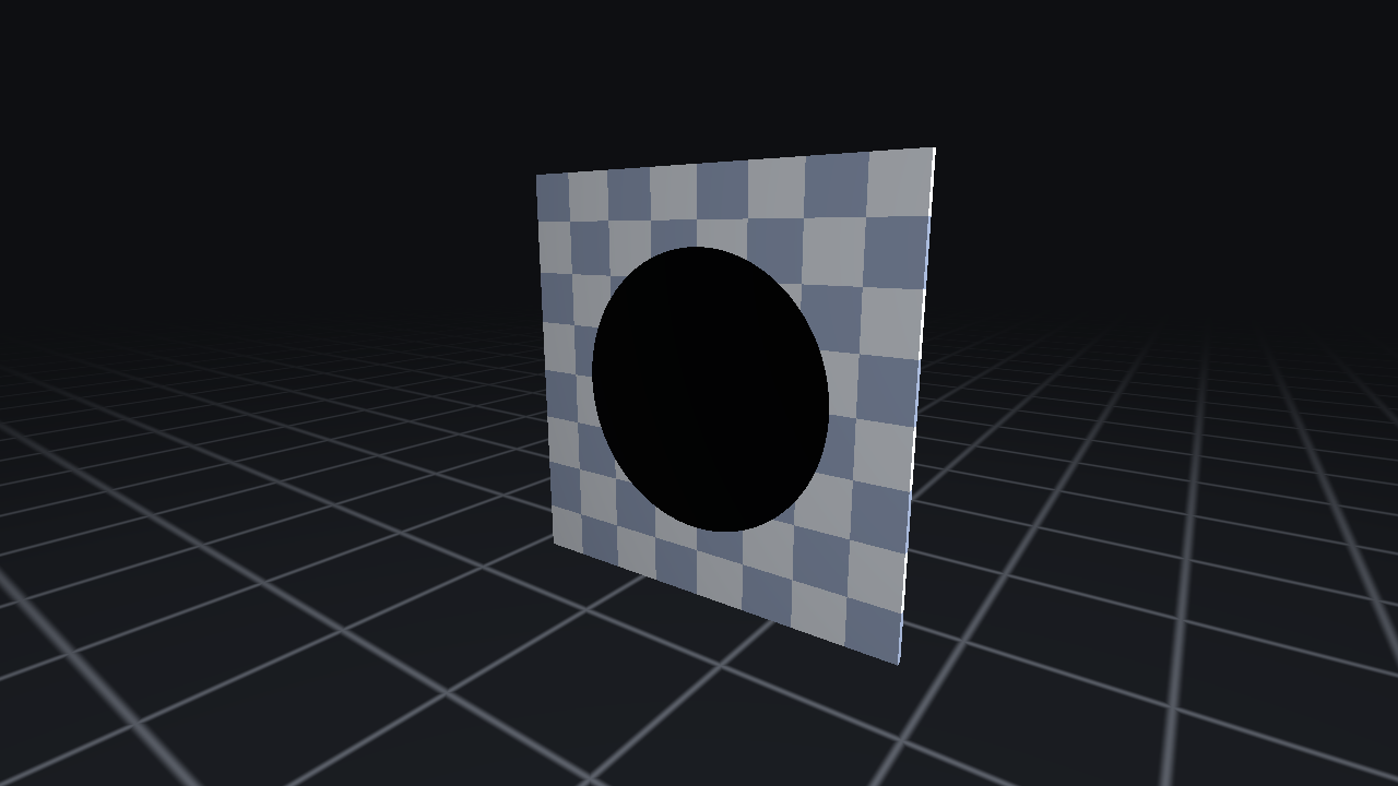 A checkered quad floating above a dark grid, with a solid black ellipse punched out of its middle.