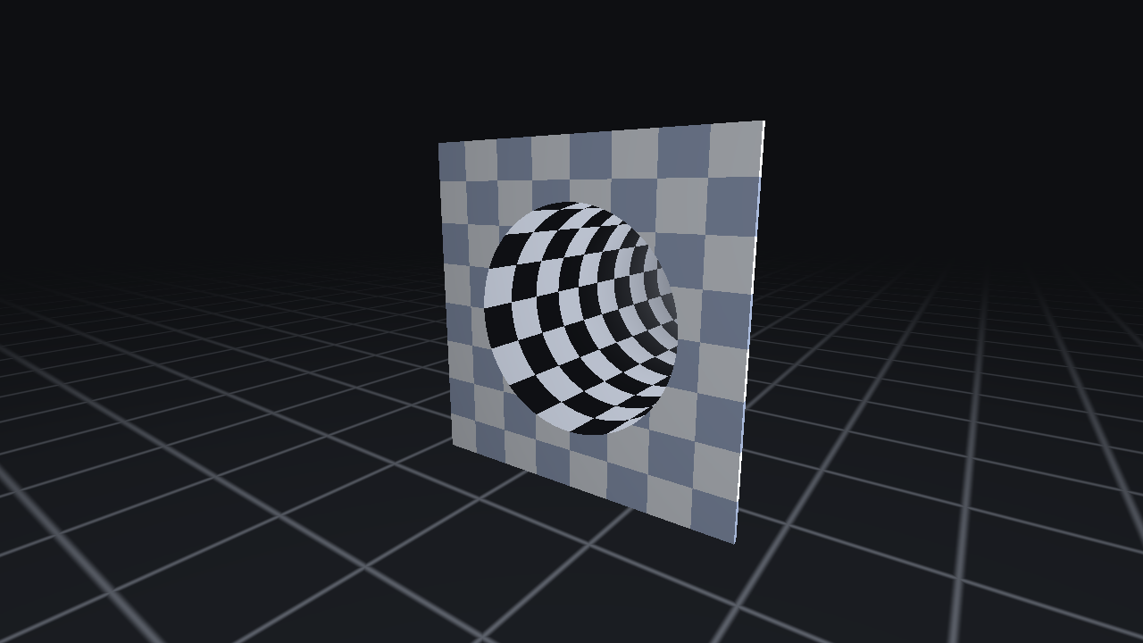 The checkered quad seen at an angle, the disc filled with a checkered surface curving away from the viewer.