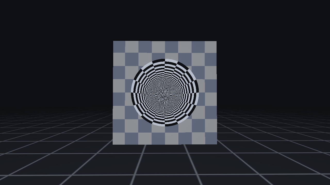 The same quad seen head-on, the disc now concentric checkered rings converging to a fine point at the centre.